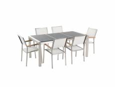 Table de jardin en plateau granit noir flambé 180 cm et 6 chaises blanches grosseto 34385