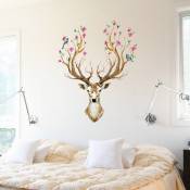 Xinuy - Sticker mural bois de cerf avec fleurs & oiseaux i autocollant sticker mural animaux i Déco pour salon chambre cuisine couloir bureau adulte