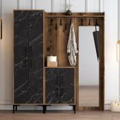 Ensemble armoire de rangement avec miroir et porte manteau Shera en bois Chêne foncé et Effet marbre Noir - Noir