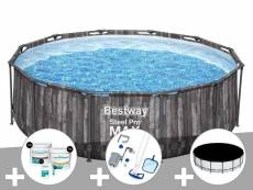 Kit piscine tubulaire ronde bestway steel pro max décor bois 3,66 x 1,00 m + kit de traitement au chlore + kit d'entretien deluxe + bâche de protectio