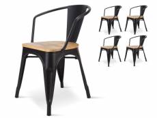 Kosmi - lot de 4 chaises en métal noir mat style industriel factory avec assise en bois naturel clair, fauteuils industriels avec accoudoirs