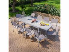 Table de jardin extensible en aluminium 270cm + 10 fauteuils empilables textilène gris taupe - milo 10