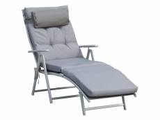 Bain de soleil pliable transat inclinable 7 positions chaise longue grand confort avec matelas + accoudoirs métal époxy textilène polyester gris