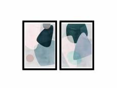 Lot de 2 tableaux encadrée en noir pictor l74xh51cm motif art graphique minimaliste bleu, vert et rose
