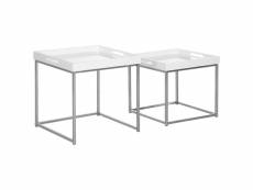 Lot de 2 tables basses carrées gigognes style contemporain - plateau 2 poignées mdf blanc laqué châssis piètement acier chromé