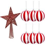 Lot de 6 boules de Noël rayées blanc et rouge + étoile