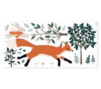 Sticker décor forêt, renard et lapin en vinyle mat orange 64 x 130 cm