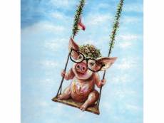 Tableau peinture cochon à lunettes sur sa balançoire 50 x 50 cm - riri 80582120