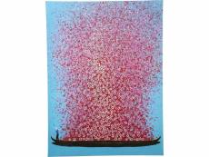 "tableau touched fleurs pirogue bleu et rose 120x160cm"