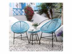 Acapulco : ensemble 2 fauteuils oeuf + table basse bleu