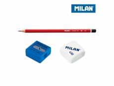 Blister 3 crayons, taille-crayons et gomme milan. E3-64066