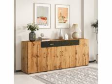 Buffet 208x40x80cm 4 portes 2 tiroirs, meuble de rangement, finition chêne et bois rustique, naturel