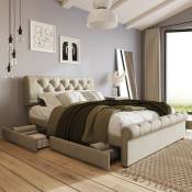 Cadre de lit à 4 tiroirs, lit double rembourré 140x200cm, tête de lit réglable en hauteur, naturel