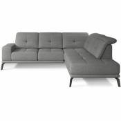Canapé d'angle droit design matelassé tissu gris clair chiné et pied noir Kazane 275 cm