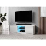 Furnix - meuble tv bas Arenal 120 blanc / blanc brillant avec led