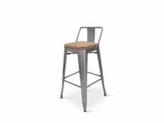 Kosmi - chaise de bar, tabouret moyen style industriel avec petit dossier en métal brut aspect galvanisé et assise en bois naturel clair hauteur 66cm