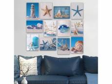 Lot de 12 tableaux abstrait aranea l20xh15cm motif coquillage et étoiles de mer bleu, beige et blanc