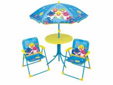 Salon de jardin baby shark incluant 1 table ronde, 2 chaises, 1 parasol pour enfant