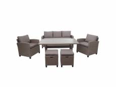 Salon de jardin ensemble table fauteuils poufs en polyrotin lounge marron gris coussin gris 04_0003242