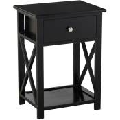Table de chevet table de nuit style cosy avec croix latérales tiroir et étagère bois et mdf noir - Noir