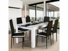 Ensemble table à manger georgia 140 cm blanche et noire et 6 chaises romane noires liseré blanc