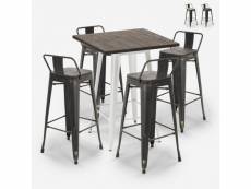 Ensemble table haute 60x60cm bois métal bar 4 tabourets style tolix vintage axel white