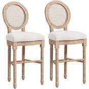 Homcom - Lot de 2 chaises de bar tabourets de bar médaillon style Louis xvi bois sculpté patiné tissu crème - Crème