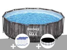 Kit piscine tubulaire ronde Bestway Steel Pro Max décor bois 3,66 x 1,00 m + 6 cartouches de filtration + Bâche de protection