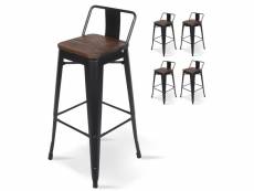 Kosmi - lot de 4 tabourets de bar en métal noir mat et assise en bois foncé avec dossier, chaise de bar tabouret métal et bois haut hauteur 76cm parfa
