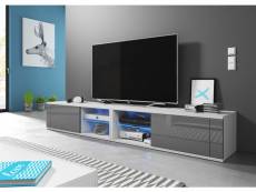 Meuble banc TV - 200 cm - Blanc mat / Gris brillant - Avec LED - Style design Best double