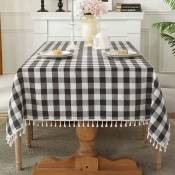 Sunxury - Nappe carrée à carreaux lavable avec pompons en coton et lin pour cuisine, salle à manger, noir et blanc, 139,7 cm