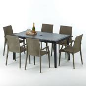 Grand Soleil - Table rectangulaire et 6 chaises Poly rotin colorées 150x90cm noir Enjoy Chaises Modèle: Bistrot Arm Marron Moka