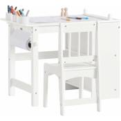 KMB60-W Ensemble Table et Chaise Enfant Set de 2 Pièces Bureau Table d'Étude avec 2 étagères, 1 Porte-Rouleau de Papier et 3 porte-crayons pour