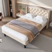Lit rembourré et élégant avec tête de lit veloutée, 90200 cm, décor de boutons et panneaux en bois robustes, beige