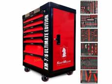 Servante d'atelier kraft muller km-7-6 rouge-noir, 265 outils inclus avec clé dynamo - 7 tiroirs & 1 porte côté, sur roulettes
