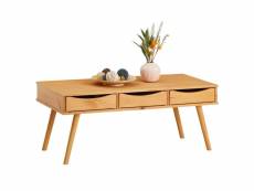 Table basse julie style rétro vintage table de salon rectangulaire avec 3 tiroirs, en pin massif lasuré brun