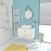 Aurlane - meuble salle de bain scandinave blanc 80 cm sur pieds avec tiroir, vasque a poser et miroir rond - blanc