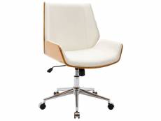 Fauteuil chaise de bureau avec roulettes synthétique blanc et bois clair hauteur réglable bur10449