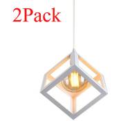 Lot de 2 Lustre Suspension Industrielle E27 Plafonnier Luminaire Cage Cube en Métal Blanc