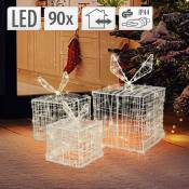 Lot de 3 Boîtes Cadeaux avec 90 LEDs Blanc Chaud, en Métal, Alimentation Électrique, IP44 Étanche, Intérieur/Extérieur, Décoration de Noël, Cadeau