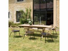 Malo - salon de jardin 6 pers. - 1 table rectangulaire 180x100cm et 6 fauteuils beiges et noirs