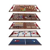 Plateaux Multi-jeux, 14 jeux : Ping Pong, Air Hockey, Bowling, Echec, Mikado, Back Gammon 97 x 49 x 3 cm - Marron