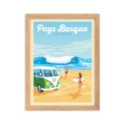 Affiche Pays Basque France - Surf avec Cadre (Bois) 30x40 cm