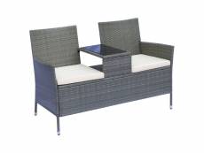 Banc de jardin design contemporain 133l x 63l x 84h cm banc double chaise avec coussins assise + tablette intégrée résine tressée grise polyester crèm