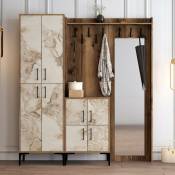 Cotecosy - Ensemble armoire de rangement avec miroir et porte manteau Shera en bois Chêne foncé et Effet marbre Crème - Crème