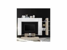 Grand meuble tv blanc laqué et couleur chêne clair