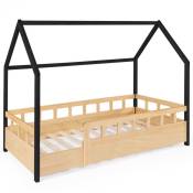Idmarket - Lit cabane enfant 80 x 160 cm neree bois et noir avec sommier et barrières - Multicolore