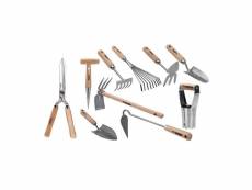 Kit 10 outils de jardin manche bois inox et fer forgés
