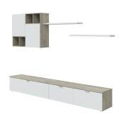 Loungitude - Ensemble tv mural gaetan avec 2 meubles bas, 2 étagères et un meuble haut L260cm - Blanc et Bois - Blanc/chêne