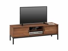 Meuble tv selma banc télé de 145 cm au style industriel design vintage avec 2 portes coulissantes, en pin massif teinté brun foncé